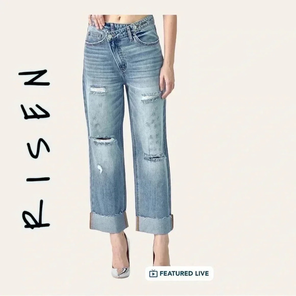 Women’s RISEN DENIM‎ JEANS CROSS OVER DETAIL HIGH RISE WIDE STRAIGHT LEG 13/31W